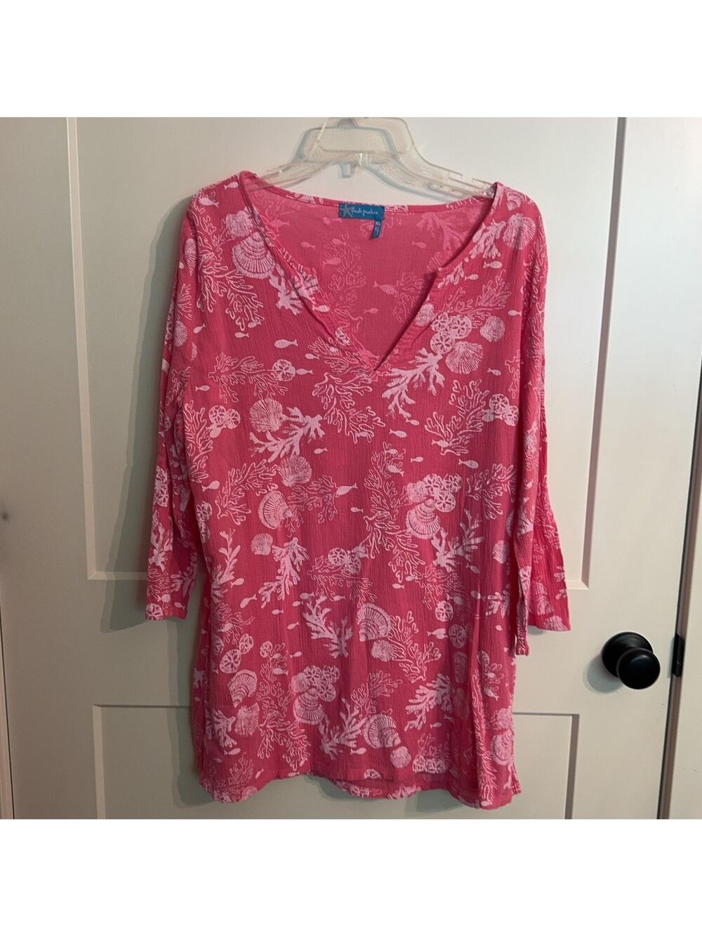 Fresh Produce Tunic Blouse Womens XL Pink Seashell Coral Beach Nautical V Neck